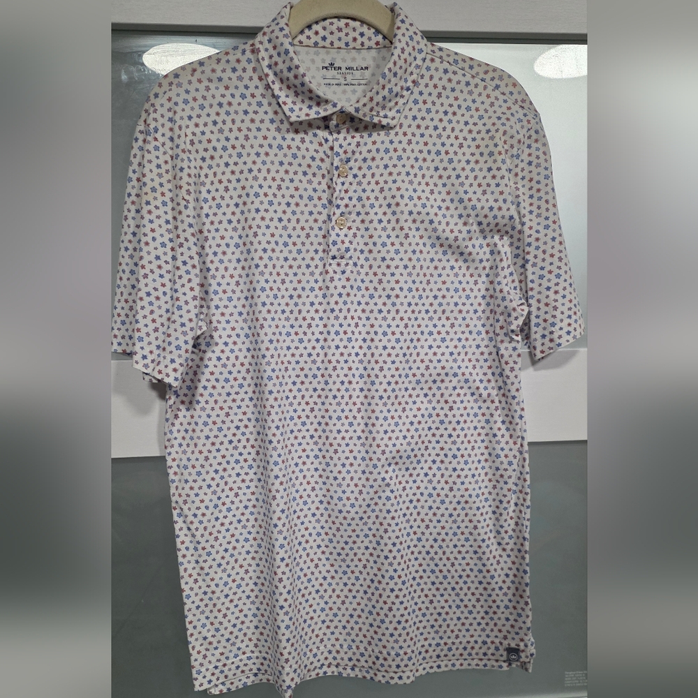 Men's Short-Sleeve Polo Shirt in White with Blue & Red Microprint